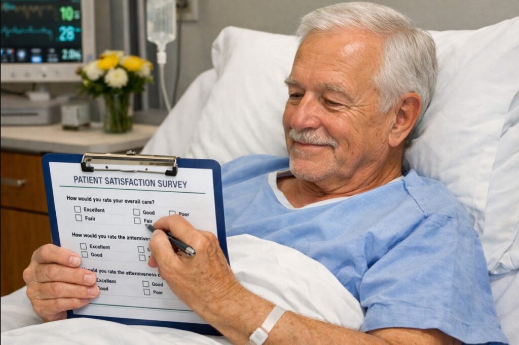 Hospital patient filling out a patient satisfaction survey